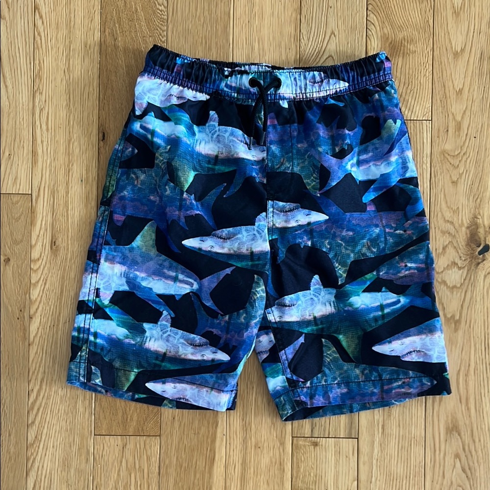 Lands’ End Blue Purple Black Shark Print Swim Shorts, Sz M (10/12), Used